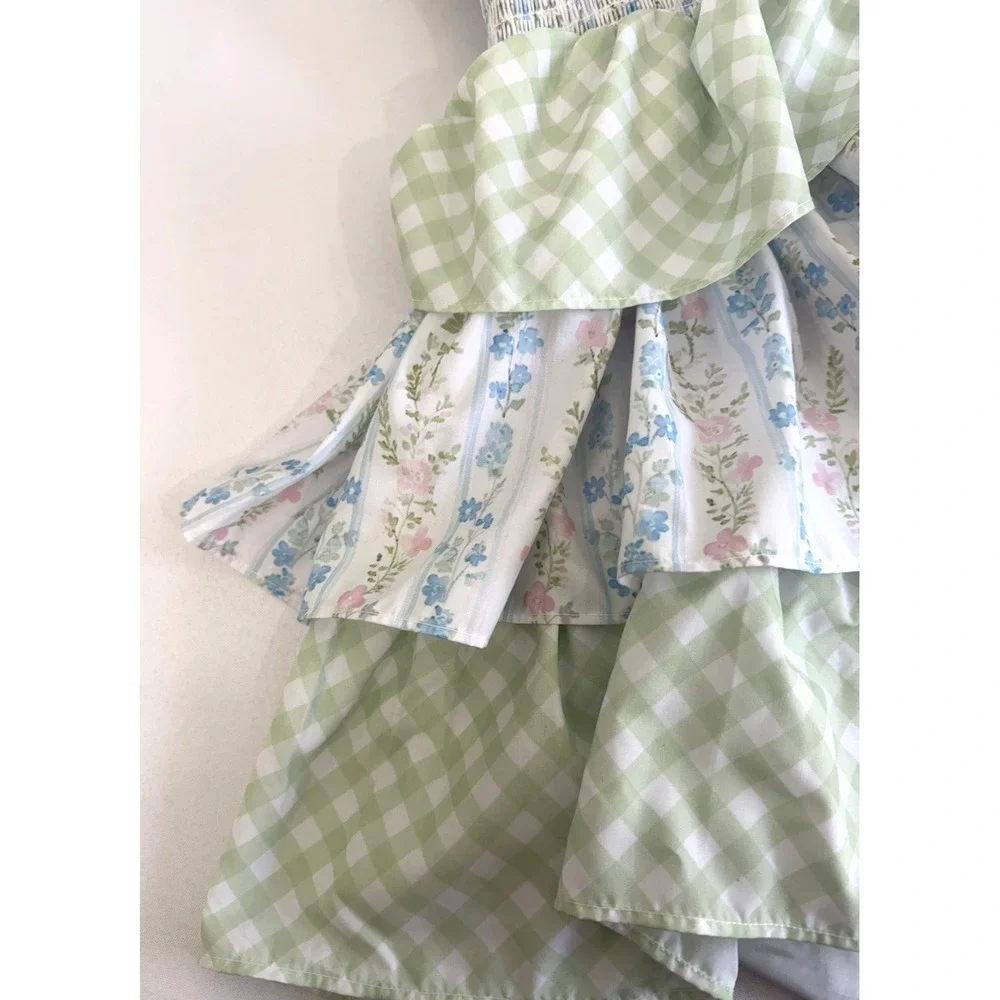 Southern Darlin' Smocks Green Check‎ Floral Smocked Tiered Dress Girls Size 6